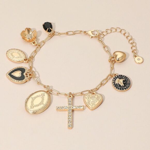 Gold Paperclip Chain Dangle Crystal Cross Coin Heart Oval Locket Charm Bracelet - Picture 2 of 5